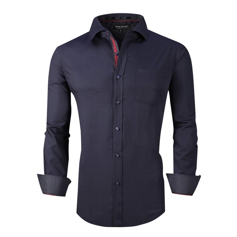 Alex Vando Mens Rayon Dress Shirts Wrinkle Free Regular Fit Stretch Button Down Shirt,Navy,L - Image 1